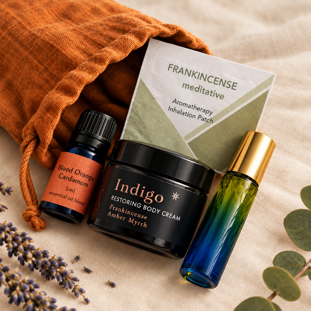 Collection of wellness products including a bottle labeled blood orang, jar, and patch