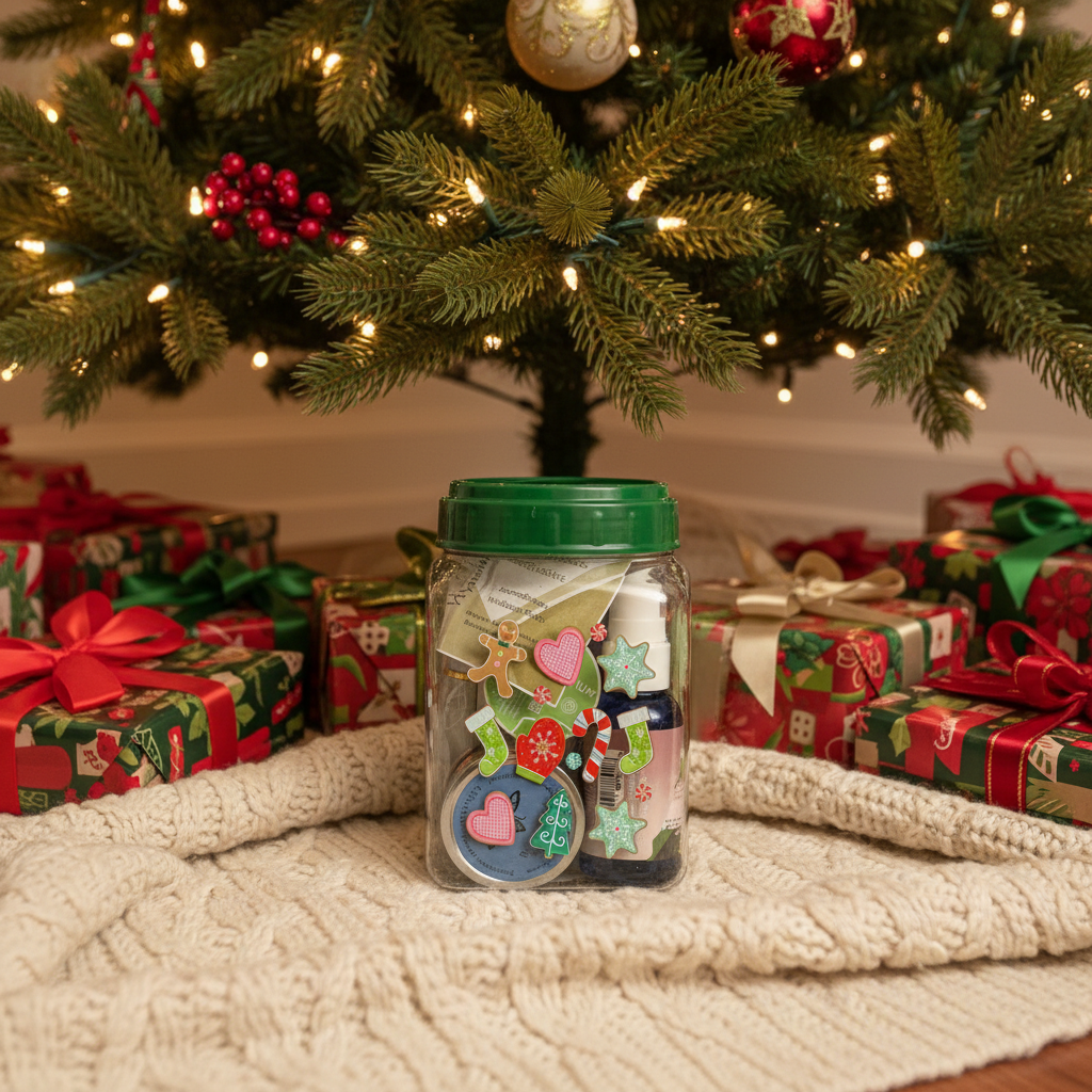 Jar of Christmas-themed aromatherapy products under a decorated tree with presents around