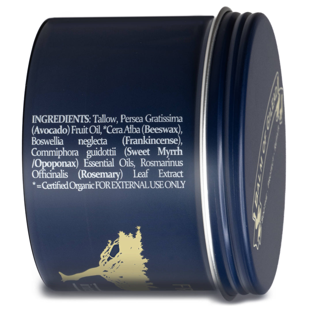 Jar of Balm of Gilead Frankincense & Myrrh Intensive Skin Healing Cream – natural tallow-based skincare for dry and sensitive skin relief showing ingredients list