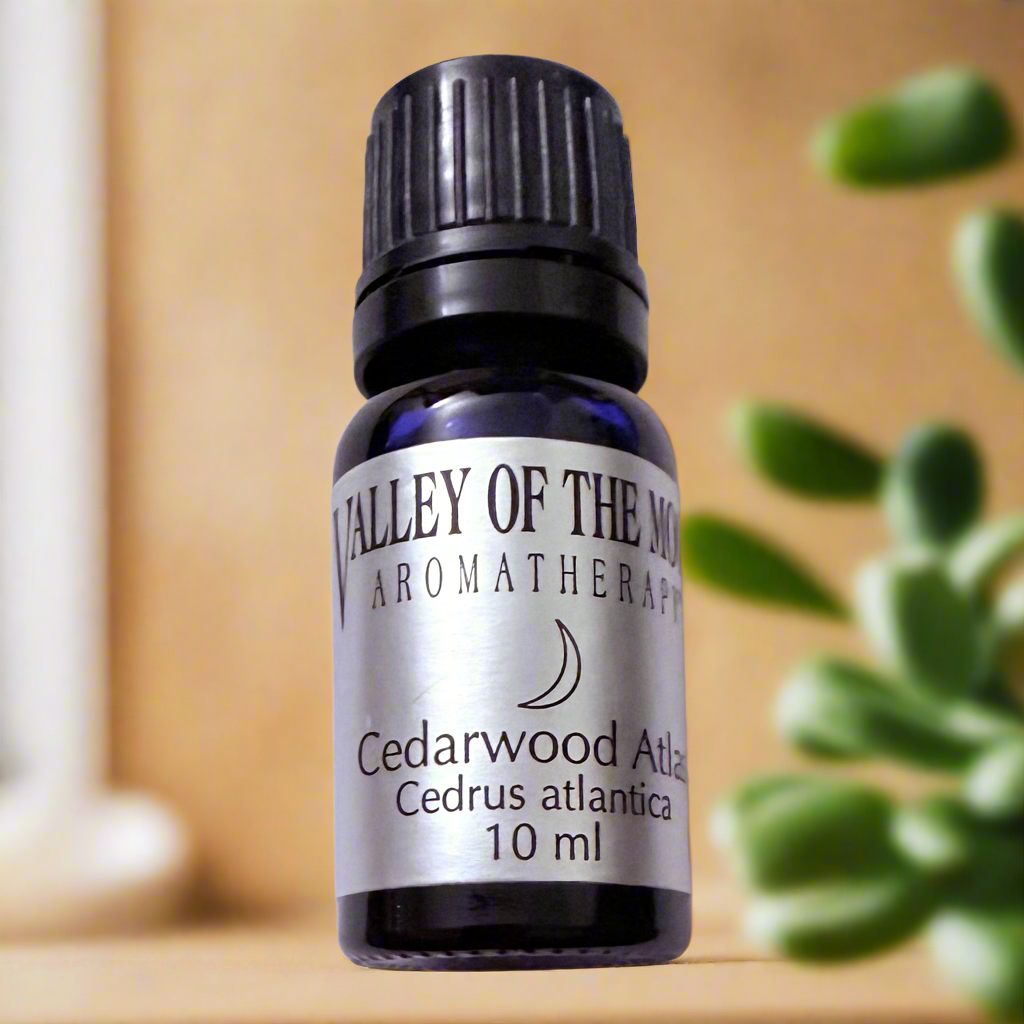 bottle of valley of the moon essential oil cedarwood atlas 10ml