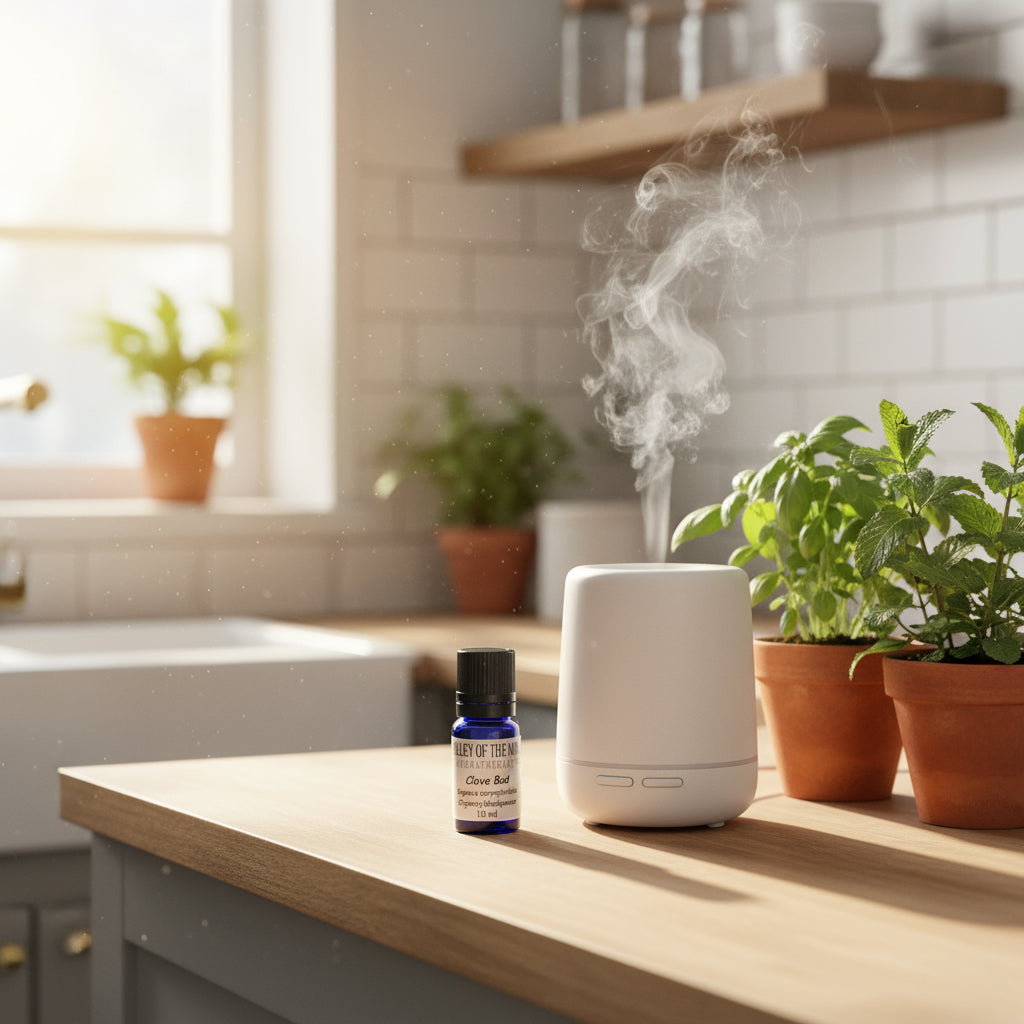Clove Bud Organic Essential Oil lifestyle image in a kitchen with a diffuser and green plants