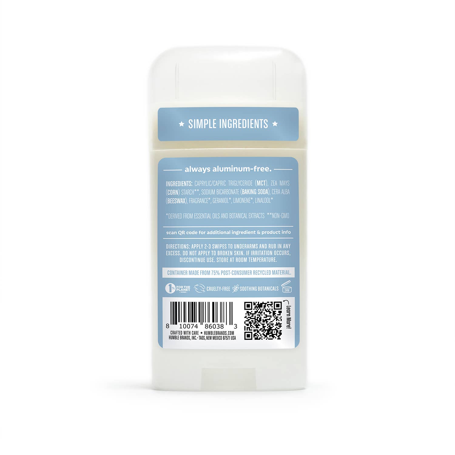 Back label of Humble Rosemary & Mint deodorant showing, aluminum-free- ingredients and directions – available at www.aromathyme.com
