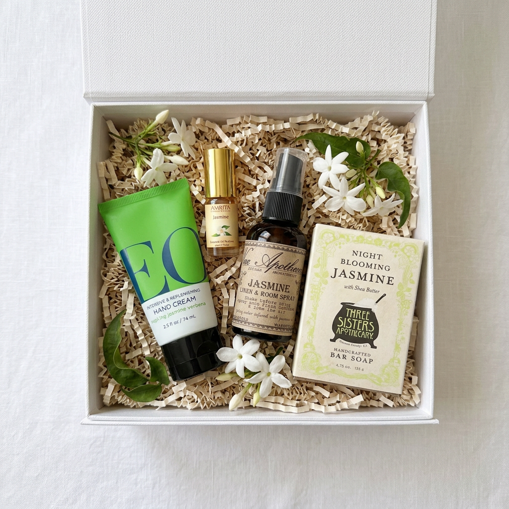 Jasmine Lovers Gift Set with jasmine perfume roll-on, hand cream, linen spray, and shea butter soap.