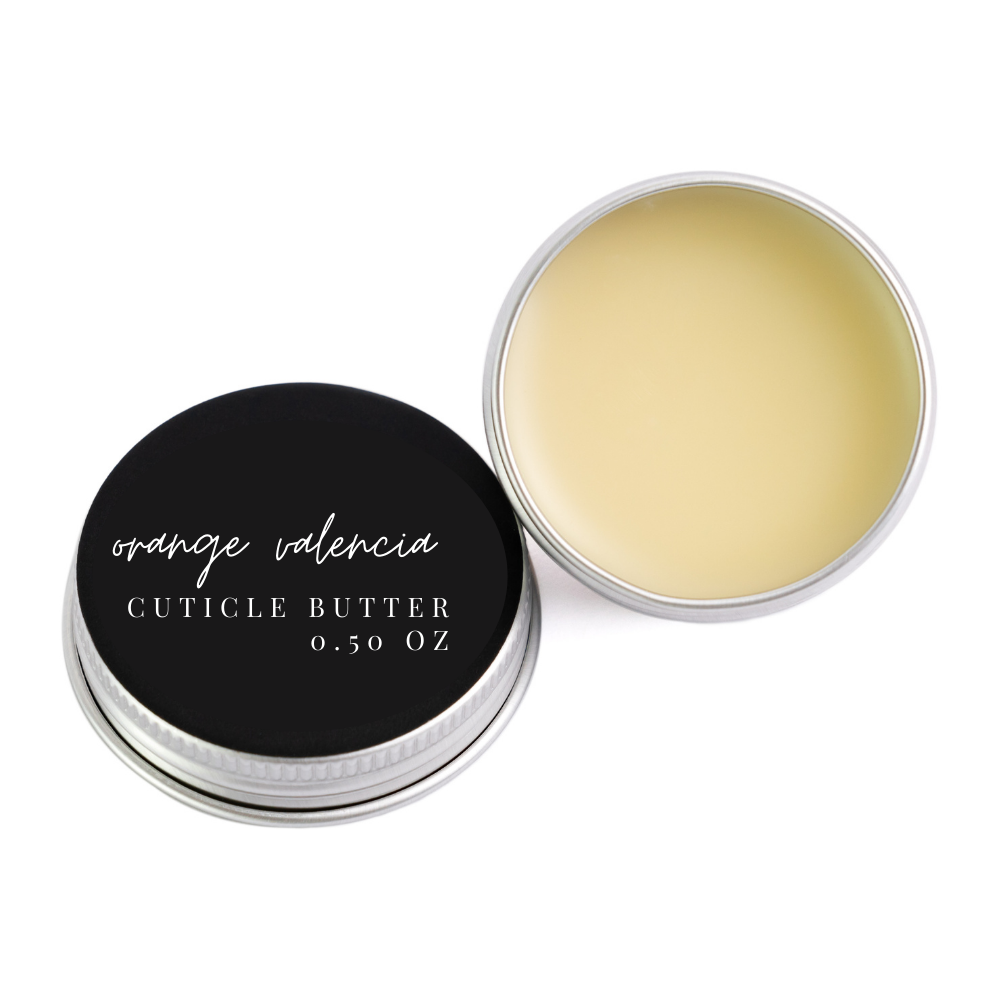 Cuticle butter container with black lid and white body on a white background