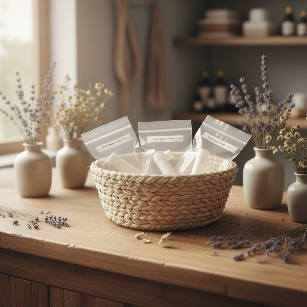 A woven natural-fiber basket on a wooden table holds three plastic pouches with white labels words blank inhaler tubes . The scene is styled with small ceramic vases containing dried lavender and yellow flowers, with a softly blurred indoor background.