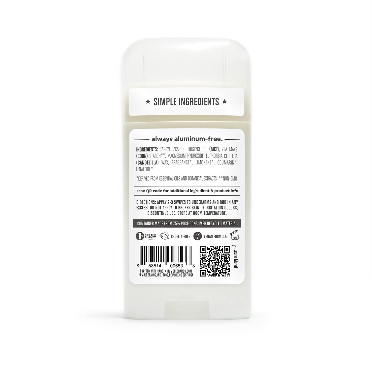 Back label of Humble Palo Santo & Frankincense deodorant showing vegan, aluminum-free ingredients and directions – available at www.aromathyme.com