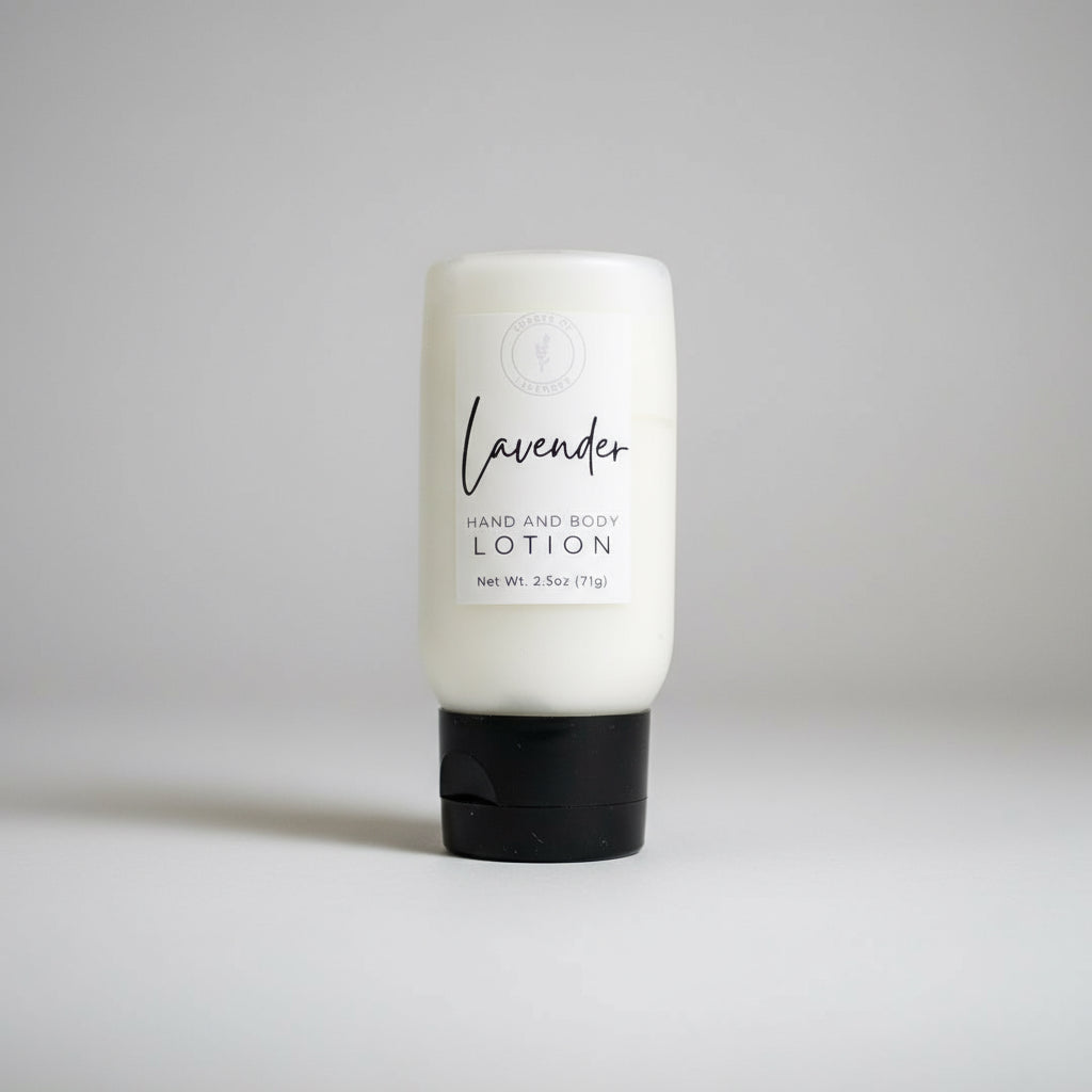 Lavender hand and body lotion bottle on a white background