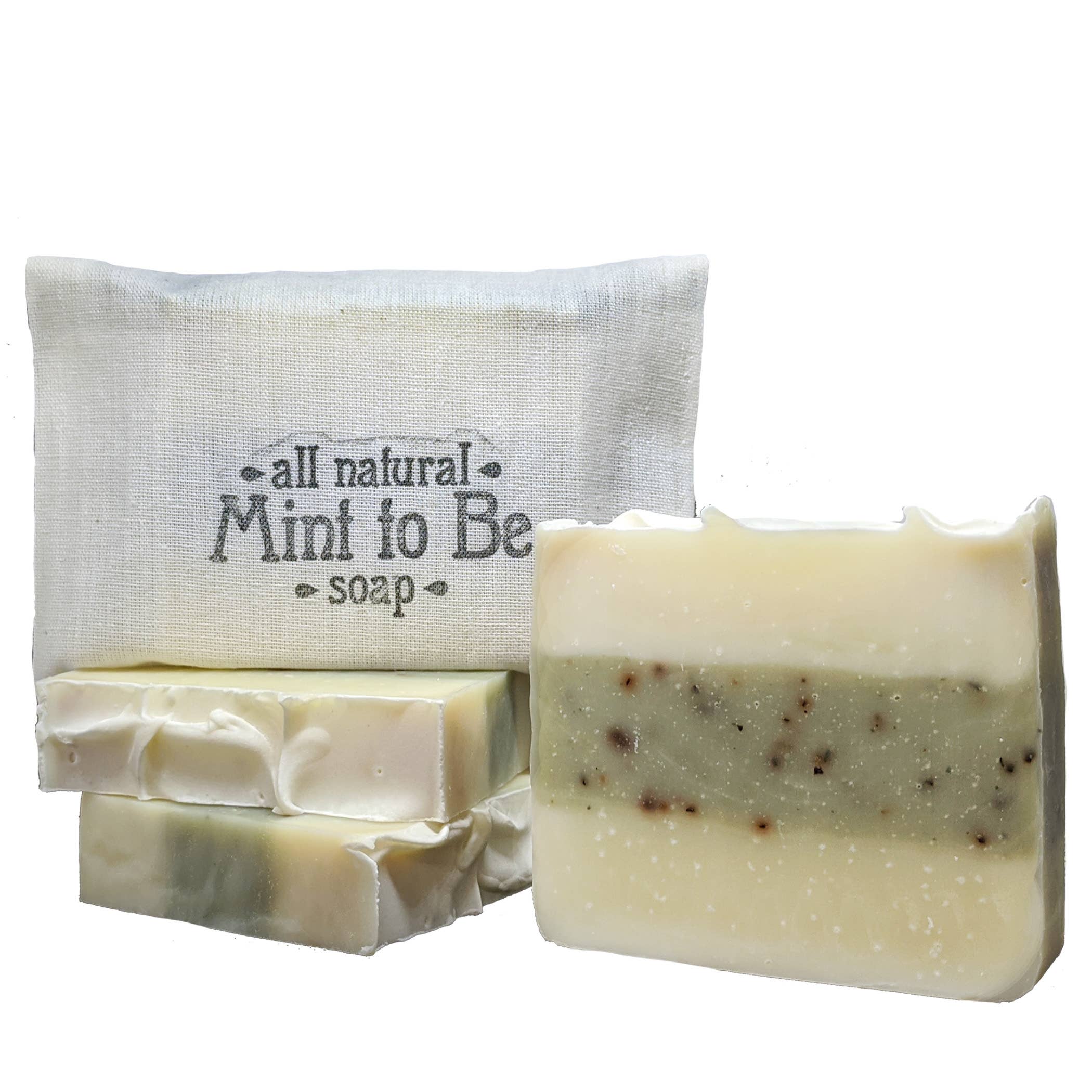All natural soap with a fabric bag labeled 'Mint to Be' on a white background