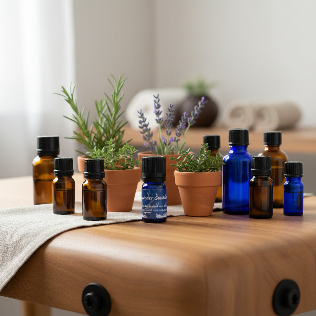 Small blue bottle with black cap on a white background