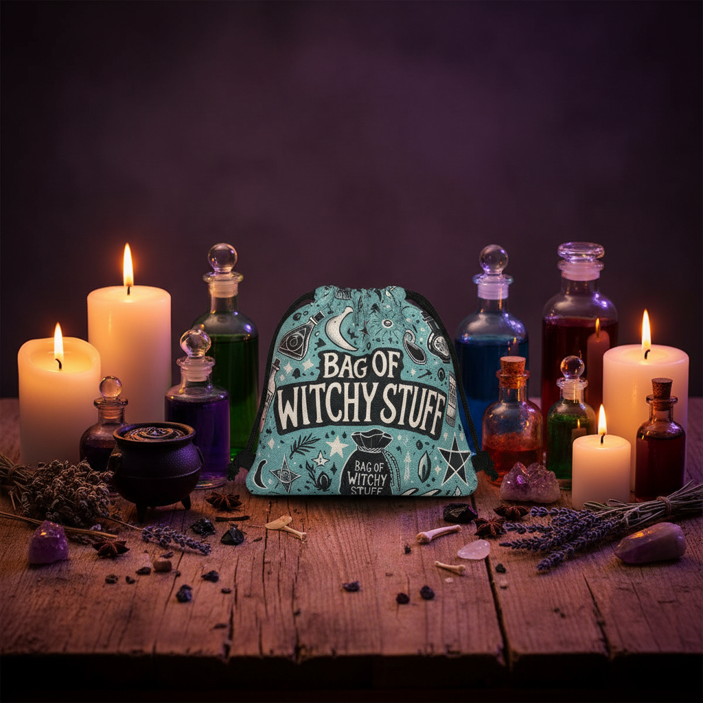 A teal and black drawstring bag printed with 'BAG OF WITCHY STUFF' and occult illustrations, styled on a wooden table with lit candles, glass bottles, herbs, and crystals against a dark purple background.