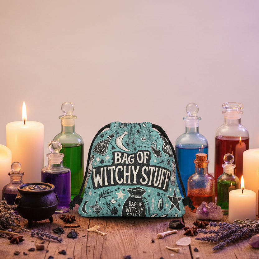 A teal drawstring bag labeled 'Bag of Witchy Stuff' sits on a wooden table surrounded by lit white candles, glass potion bottles, dried lavender, and small decorative objects against a soft beige background.